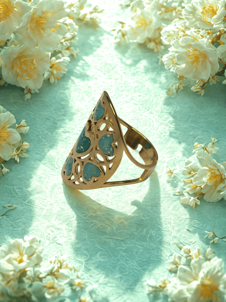 Bague Cœur en Lumière verte pailletée Cœur Florissant finition dorée posée sur table