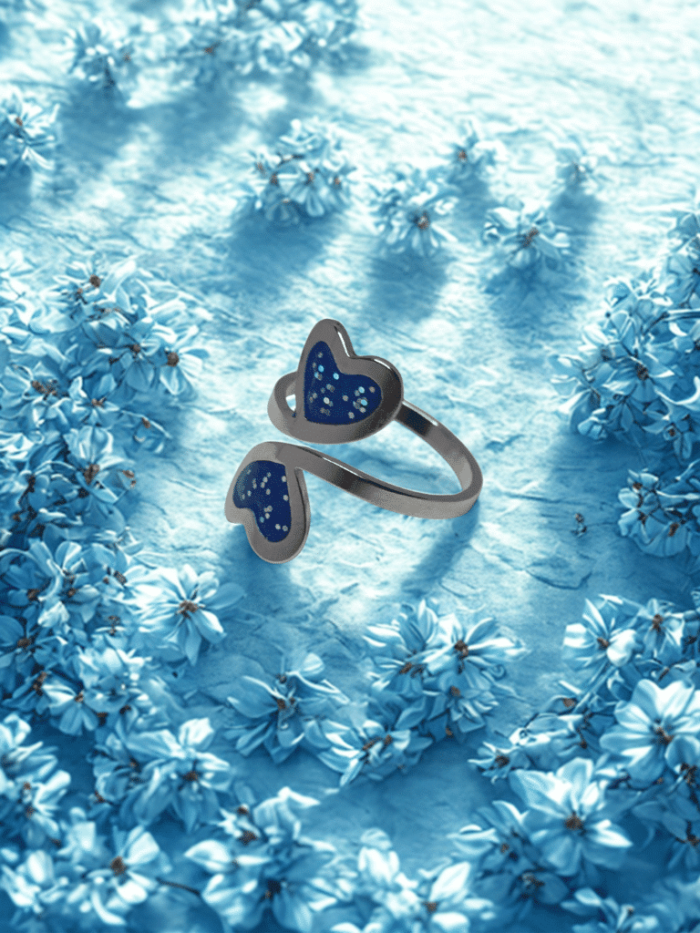 Bague duo Cœur en Lumière bleue pailletée Double Éclat finition argentée posée sur table