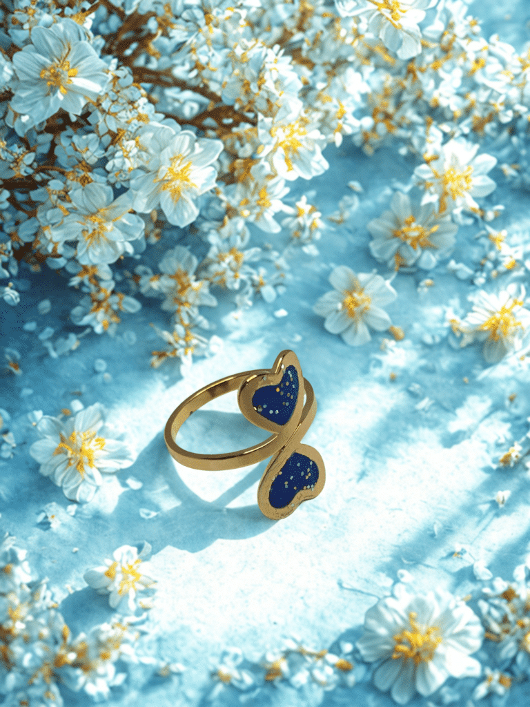 Bague duo Cœur en Lumière bleue pailletée Double Éclat finition dorée posée sur table