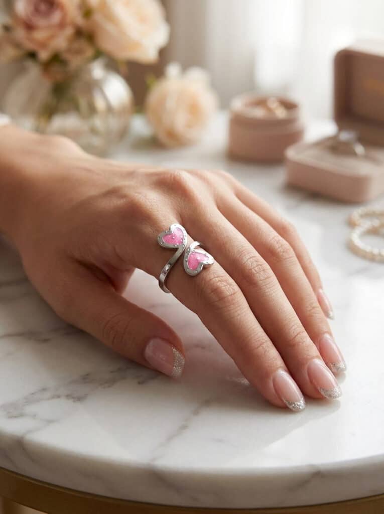 Bague duo Cœur en Lumière rose pailletée Double Tendresse finition argentée portée au doigt