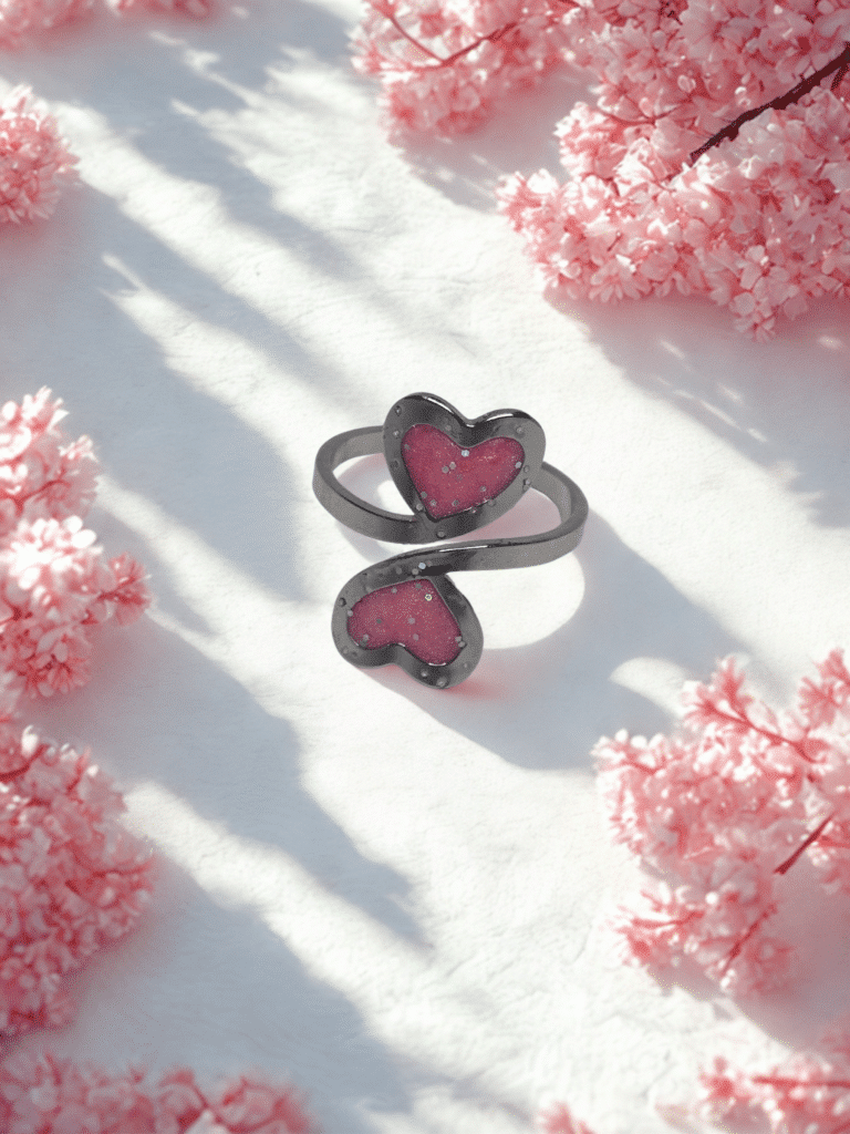 Bague duo Cœur en Lumière rose pailletée Double Tendresse finition argentée posée sur table