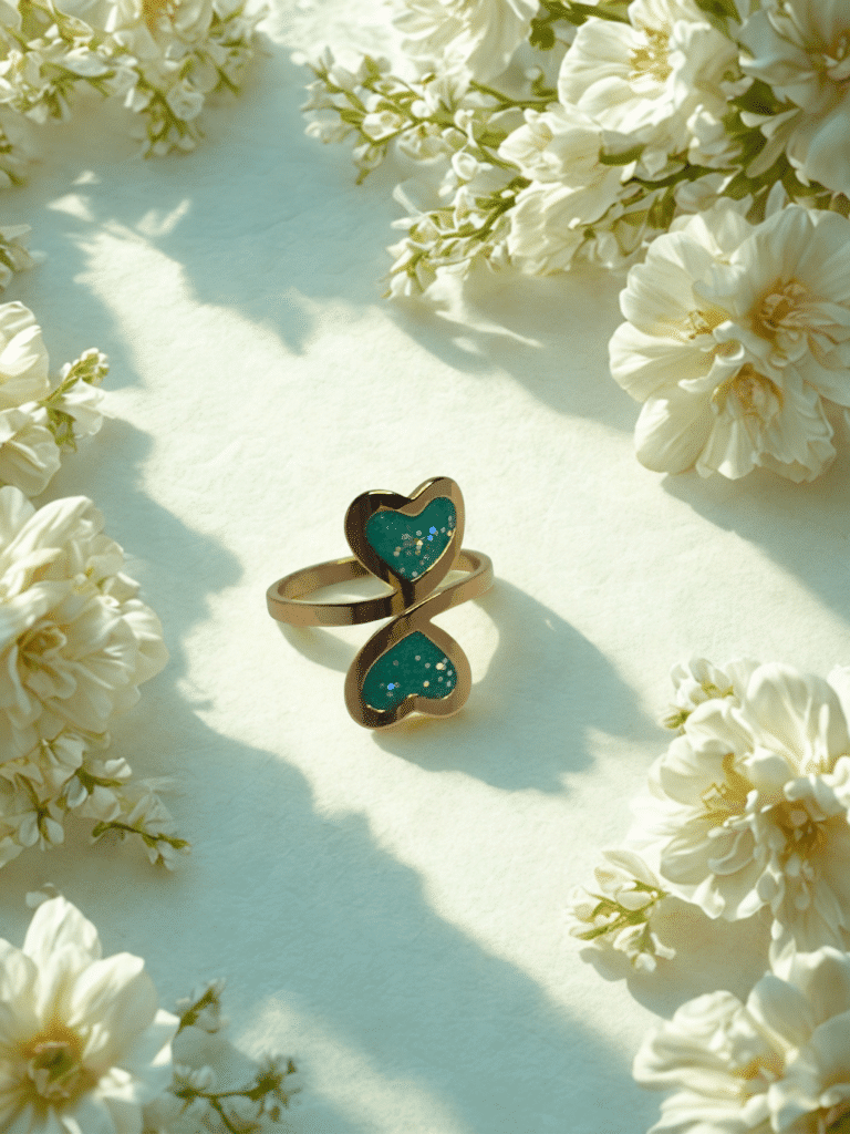 Bague duo Cœur en Lumière verte pailletée Double Nature finition dorée posée sur table