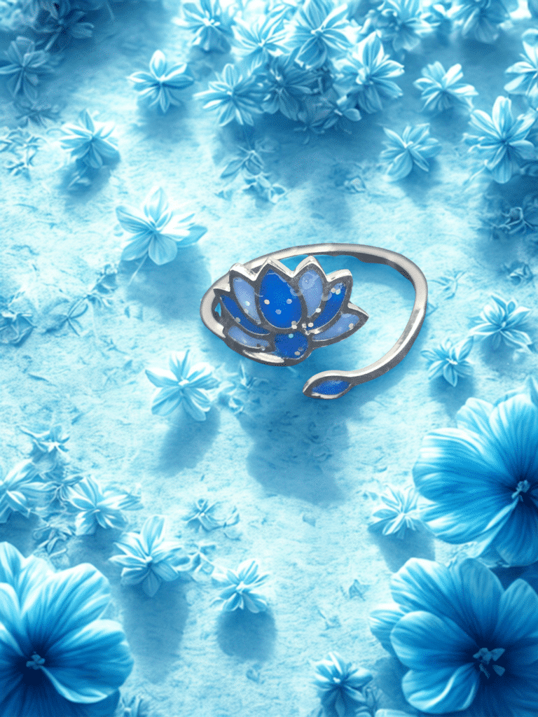 Bague Lotus Sacré bleu pailletée Lotus Céleste finition argentée posée sur table