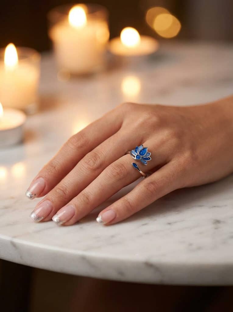 Bague Lotus Sacré bleu pailletée Lotus Céleste finition argentée portée au doigt