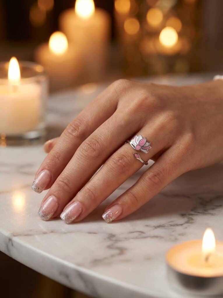 Bague Lotus Sacré rose pailletée Lotus Divin finition argentée portée au doigt