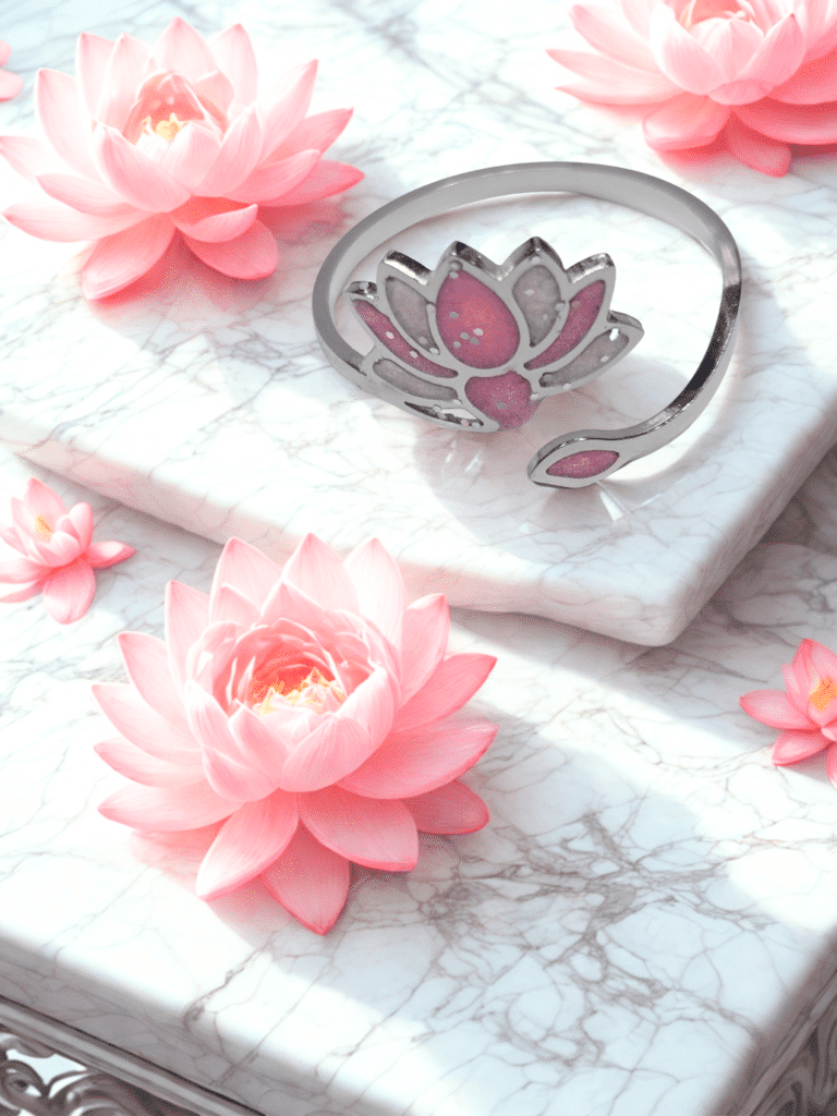 Bague Lotus Sacré rose pailletée Lotus Divin finition argentée posée sur table