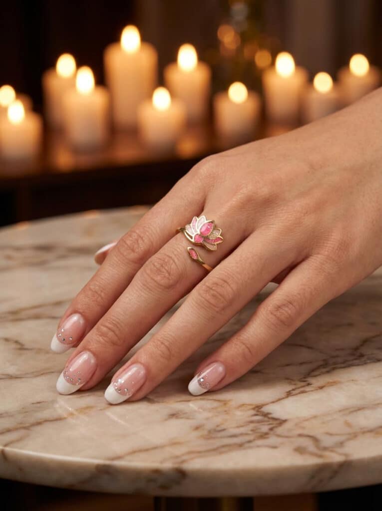 Bague Lotus Sacré rose pailletée Lotus Divin finition dorée portée au doigt