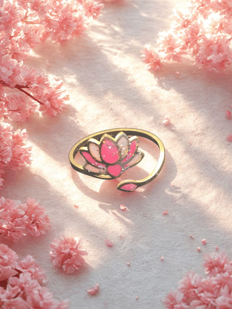 Bague Lotus Sacré rose pailletée Lotus Divin finition dorée posée sur table