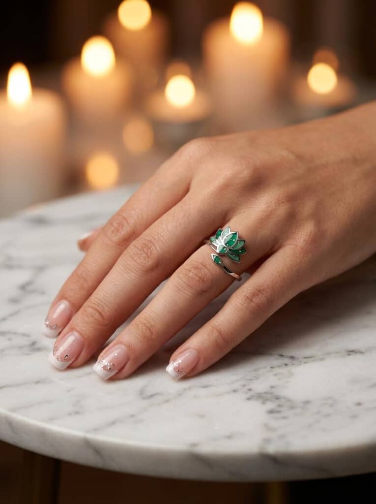 Bague Lotus Sacré vert pailletée Lotus Émeraude finition argentée portée au doigt