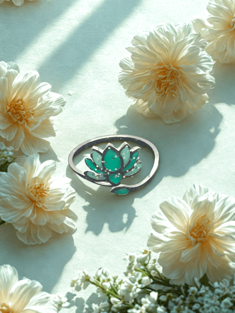Bague Lotus Sacré vert pailletée Lotus Émeraude finition argentée posée sur table