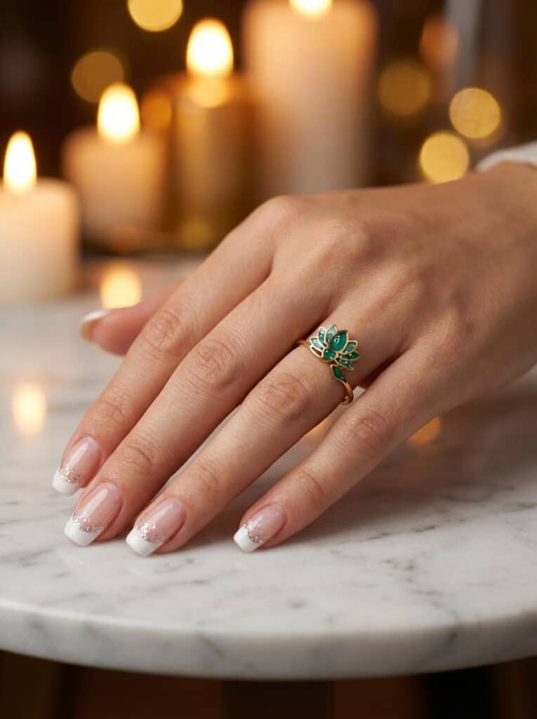 Bague Lotus Sacré vert pailletée Lotus Émeraude finition dorée portée au doigt