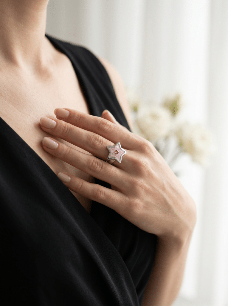 Bague Univers Étoilé rose pailletée Lueur Stellaire finition argentée portée au doigt