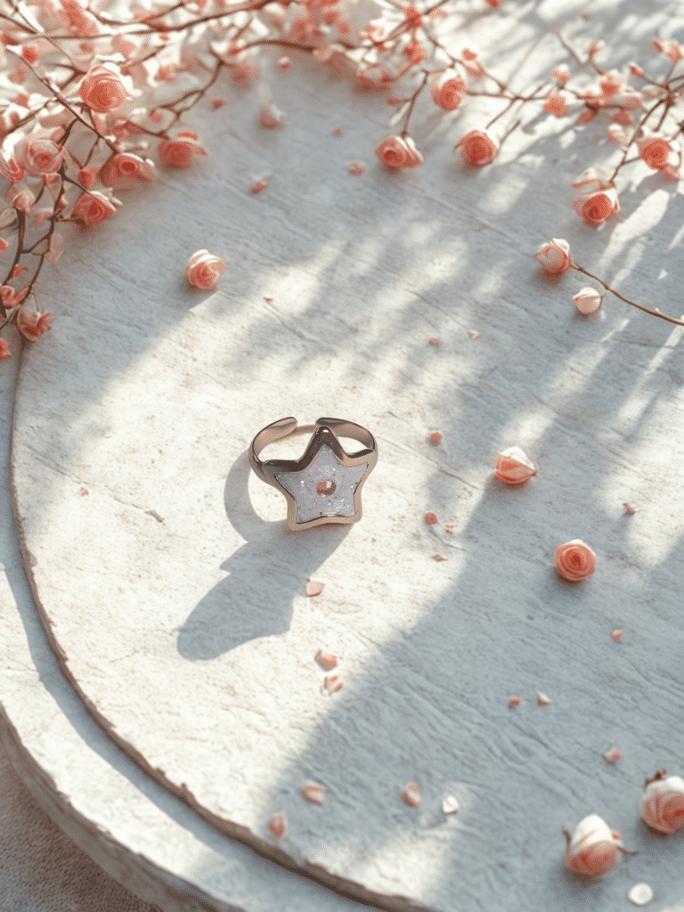 Bague Univers Étoilé rose pailletée Lueur Stellaire finition dorée posée sur tissu blanc