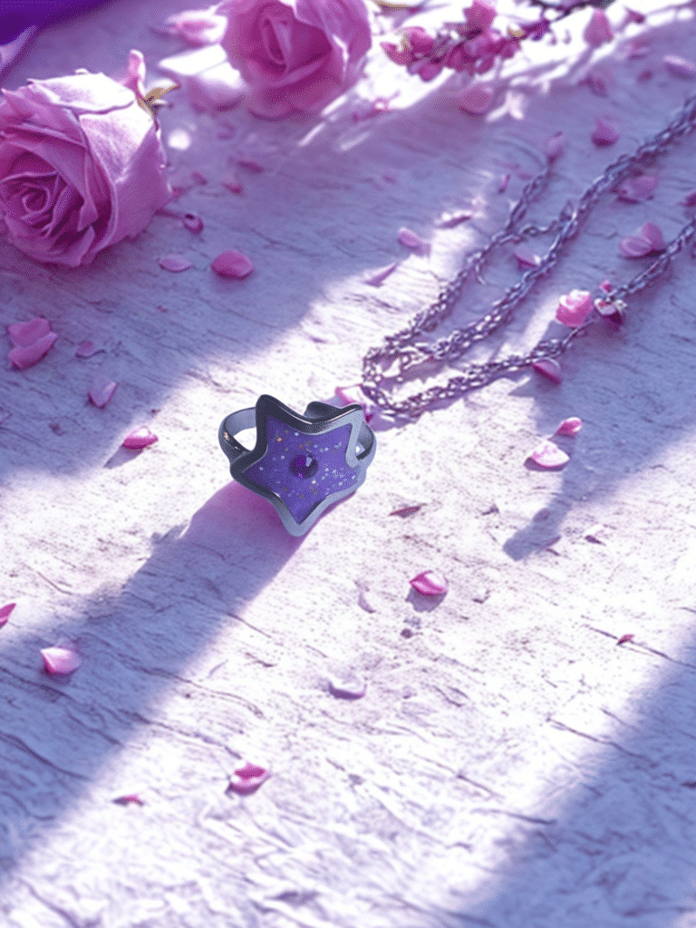 Bague Univers Étoilé violette pailletée Éclat Nocturne finition argentée posée sur tissu blanc