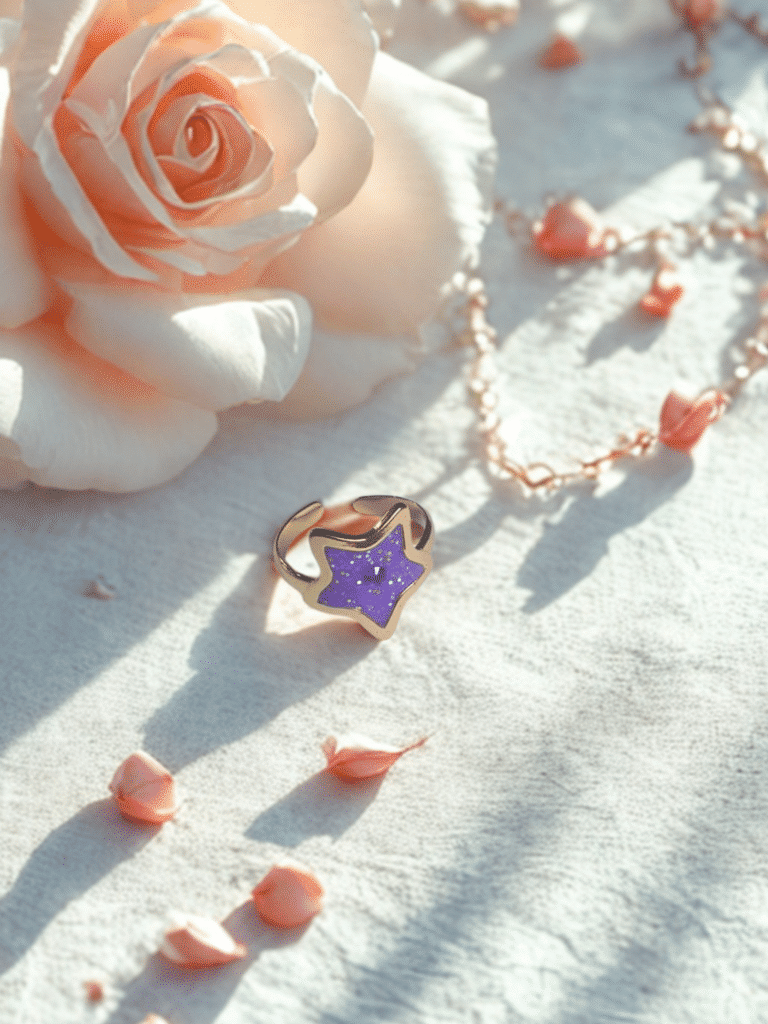 Bague Univers Étoilé violette pailletée Éclat Nocturne finition dorée posée sur tissu blanc