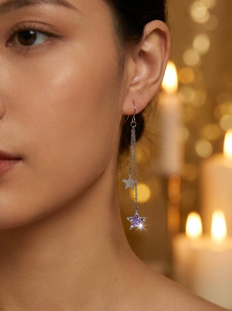 Boucles d'oreilles univers étoilé violet pailleté "Voie astrale" argenté porté Jewels Spirit