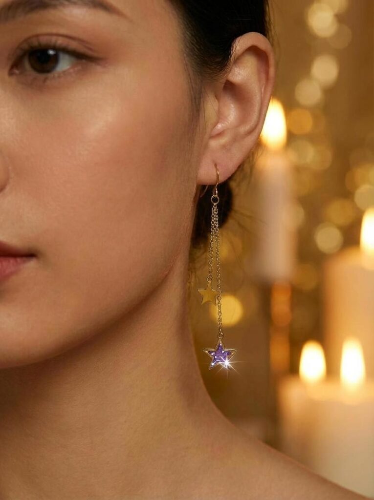 Boucles d'oreilles univers étoilé violet pailleté "Voie astrale" doré porté Jewels Spirit