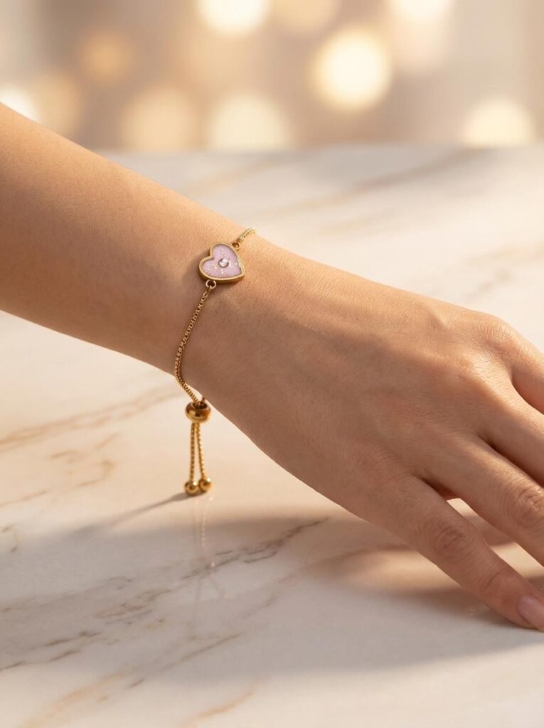 Bracelet Cœur en Lumière rose pailleté Douceur du Cœur finition dorée porté au poignet