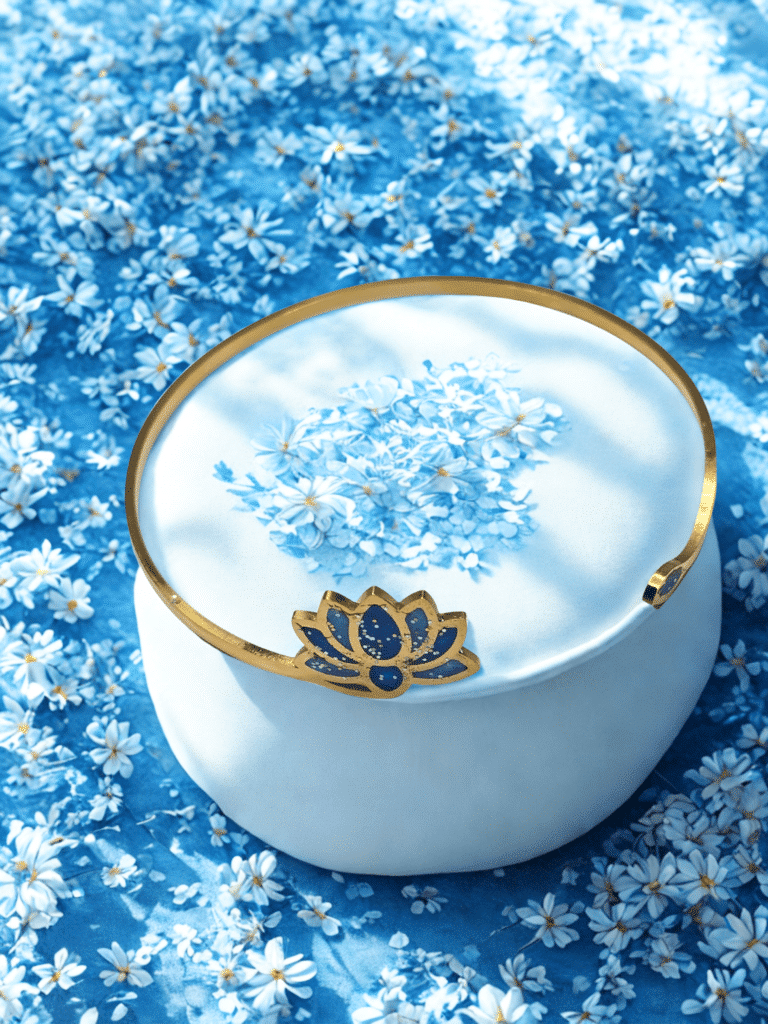 Bracelet Lotus Sacré bleu pailleté Onde Sacrée finition dorée posé sur table