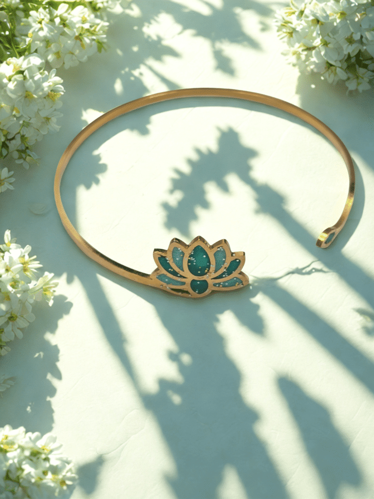 Bracelet Lotus Sacré vert pailleté Bourgeon d'Éveil finition dorée posé sur table