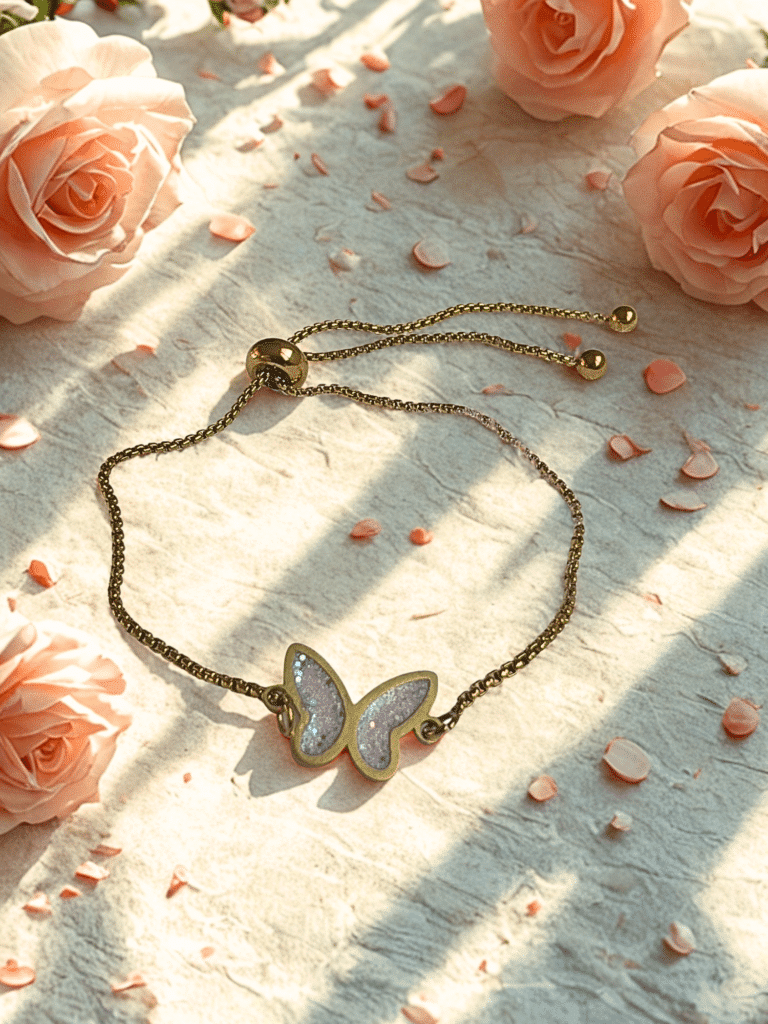 Bracelet Papillon Éternel rose pailleté Envol Délicat finition dorée posé sur table