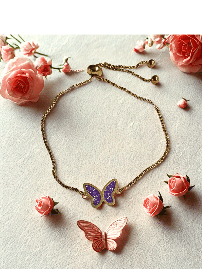 Bracelet Papillon Éternel violet pailleté Envol Mystique finition dorée posé sur table