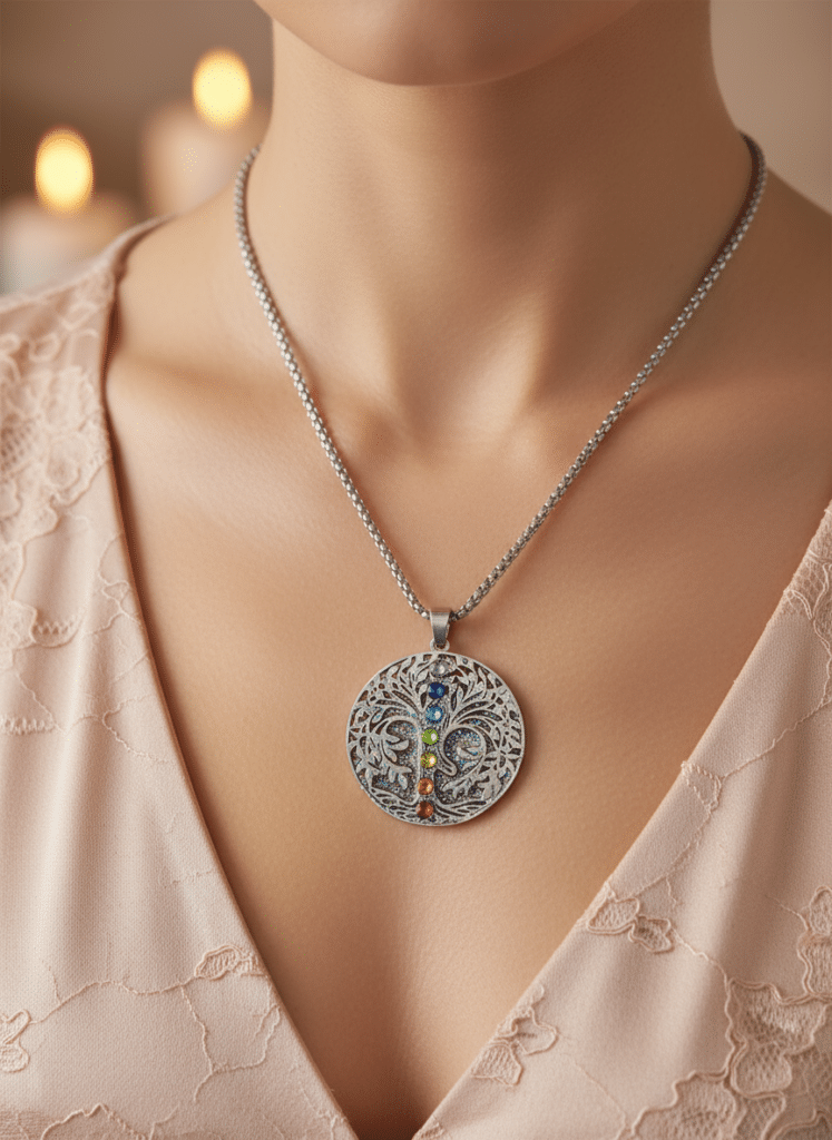 Collier Arbre de Lumière argenté Harmonie des Énergies 7 chakras porté au cou