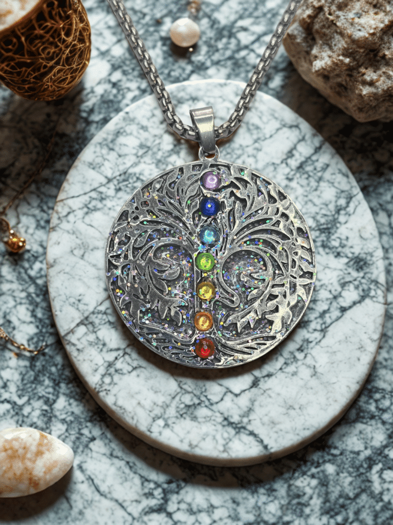 Collier Arbre de Lumière argenté Harmonie des Énergies 7 chakras posé sur marbre