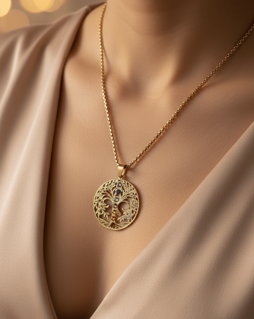 Collier Arbre de Lumière doré Harmonie des Énergies 7 chakras porté au cou