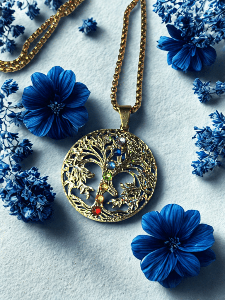 Collier Arbre de Lumière doré Harmonie des Énergies 7 chakras posé sur marbre