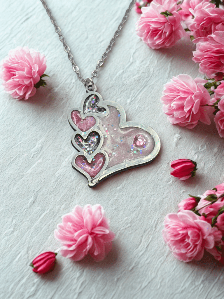 Collier Cœur en Lumière rose pailleté Cœur Tendre finition argentée posé sur table