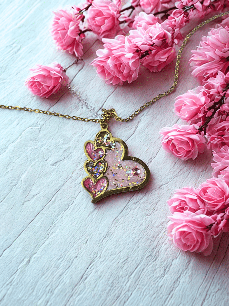 Collier Cœur en Lumière rose pailleté Cœur Tendre finition dorée posé sur table