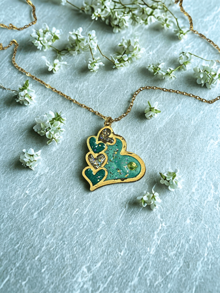 Collier Cœur en Lumière vert pailleté Cœur Émeraude finition dorée posé sur table