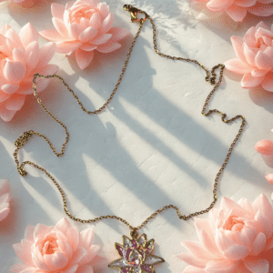 Collier Lotus Sacré rose pailleté Éclosion Divine finition dorée posé sur table