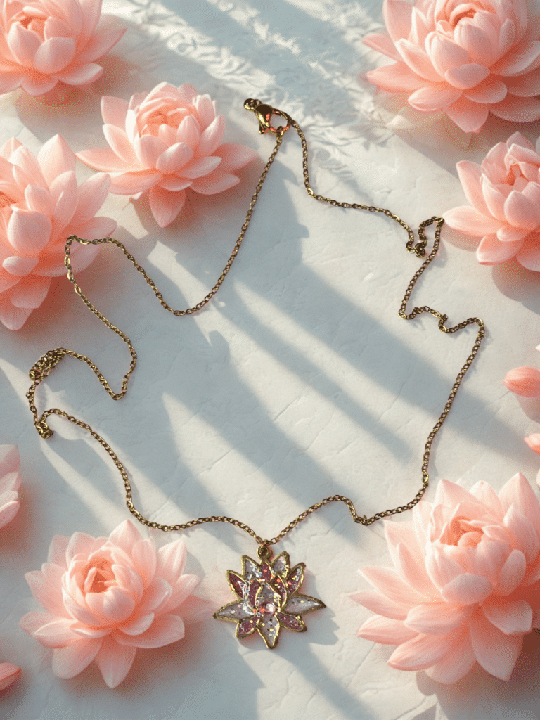 Collier Lotus Sacré rose pailleté Éclosion Divine finition dorée posé sur table