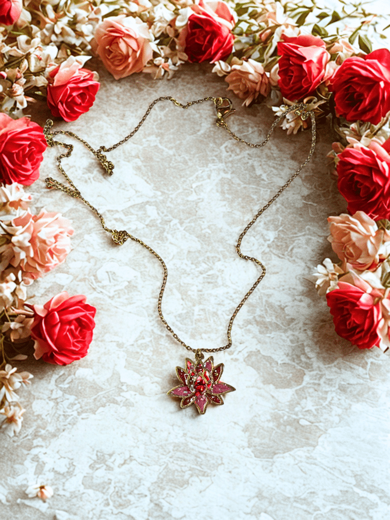 Collier Lotus Sacré rouge pailleté Flamme du Lotus finition dorée posé sur table