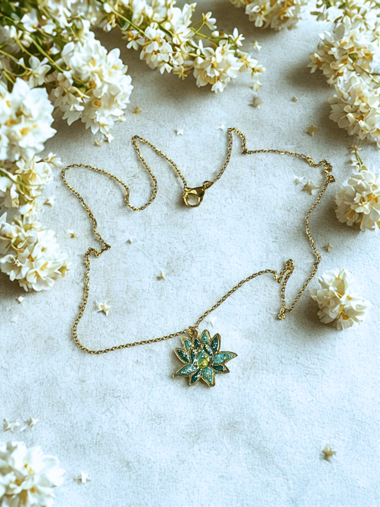 Collier Lotus Sacré vert pailleté Éveil Émeraude finition dorée posé sur table