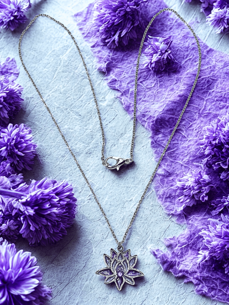Collier Lotus Sacré violet pailleté Âme en Fleur finition argentée posé sur table
