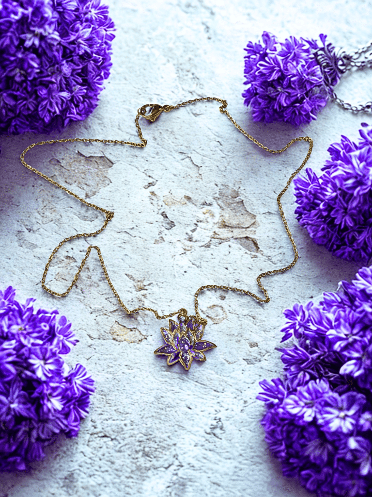 Collier Lotus Sacré violet pailleté Âme en Fleur finition dorée posé sur table