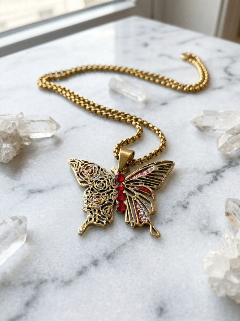 Collier Papillon Éternel doré Ailes de Feu posé sur marbre avec cristaux