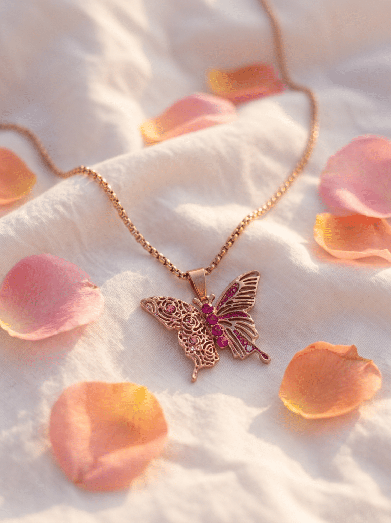 Collier Papillon Éternel doré Ailes de Feu posé sur tissu blanc avec pétales