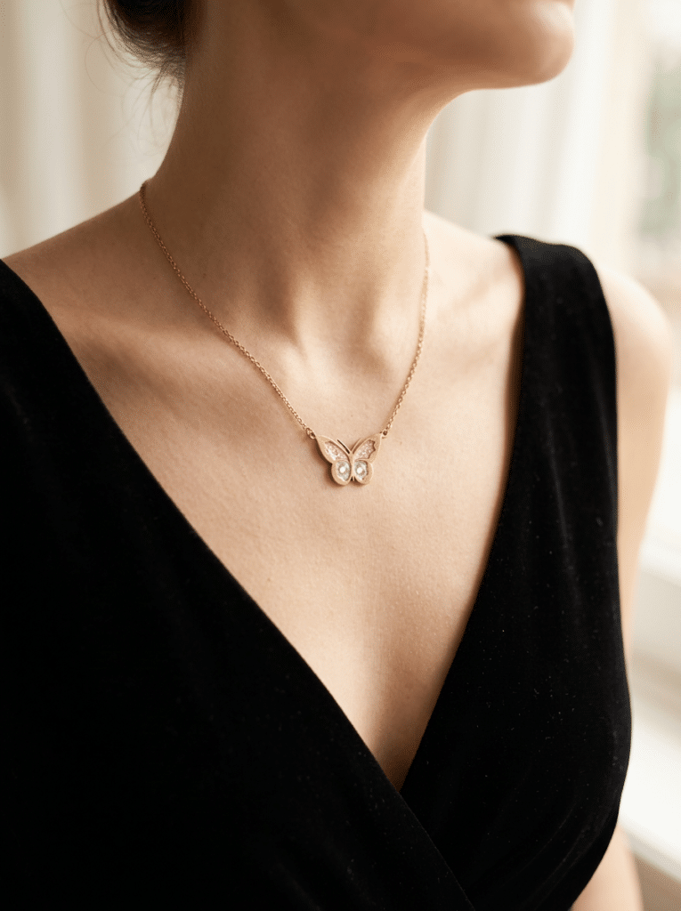 Collier Papillon Éternel rose pailleté Aile Enchantée finition dorée porté au cou